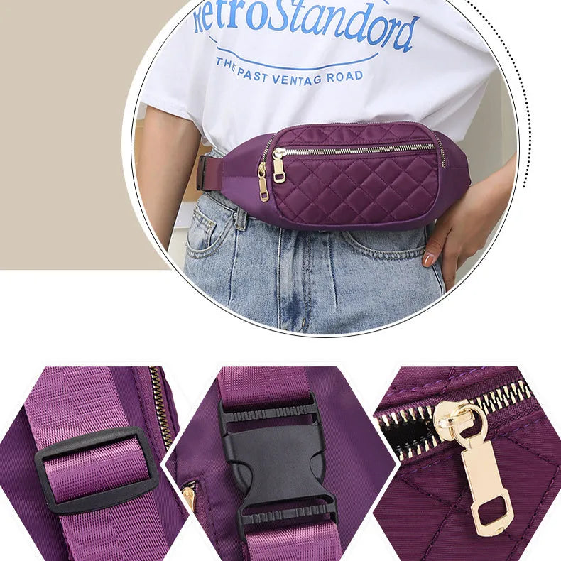 Rhombus nylon fanny pack for women, crossbody waist bag with zipper closure in solid colour, medium size, soft handle.