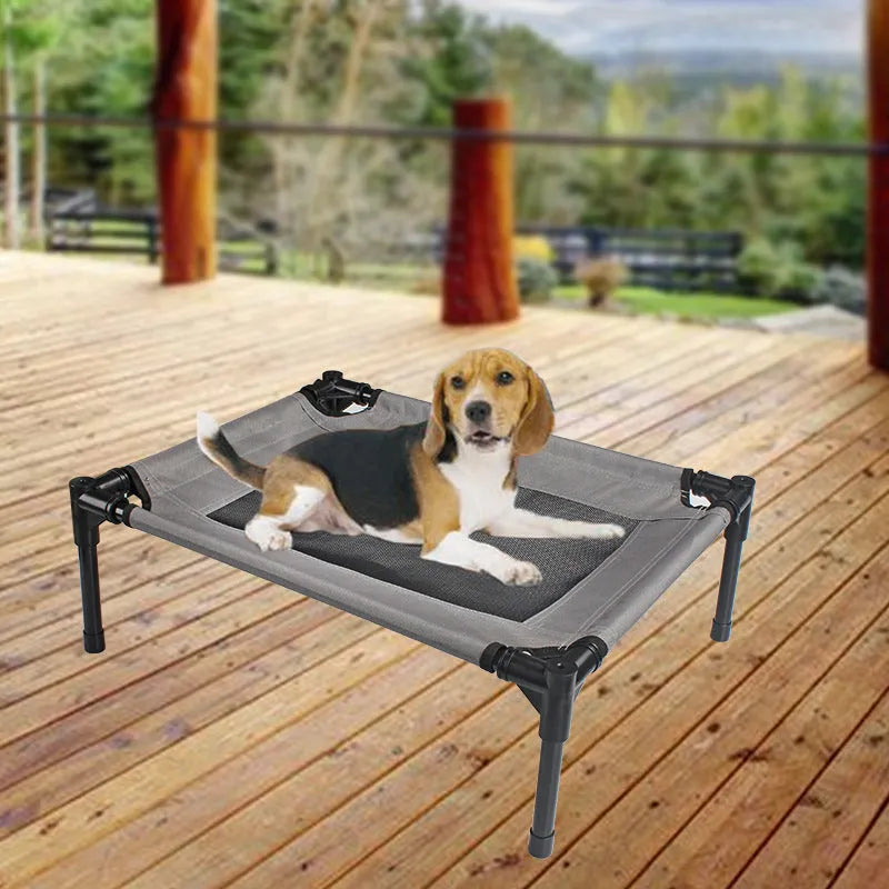 Black portable dog bed with steel frame and removable Oxford cloth cover
