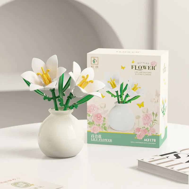 Building block flower vase ornament set with small diamond plastic particles in colour box package