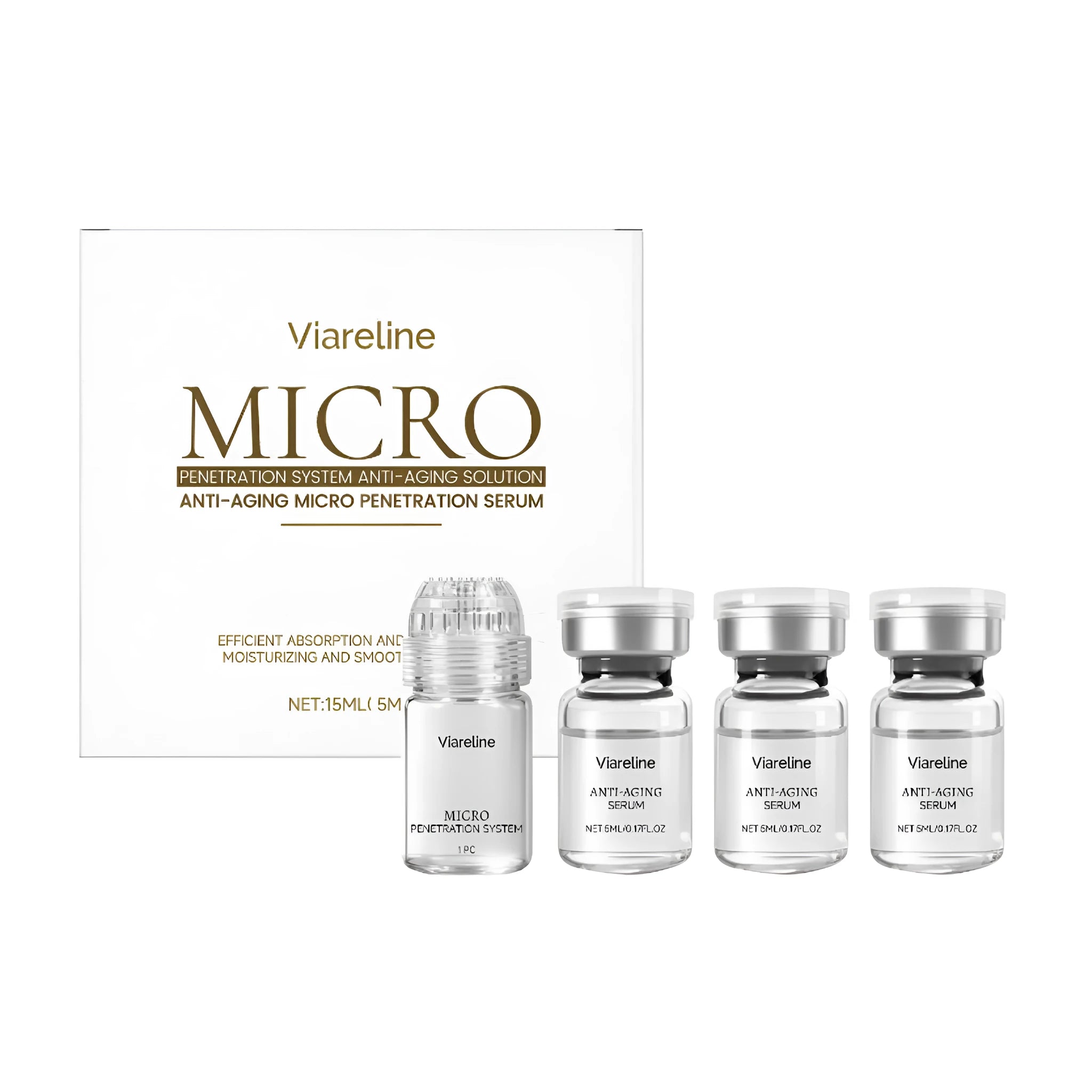 VIARELINE compact anti-aging roller microneedle set with three 5ml essence bottles, a microneedle tool, and an empty bottle