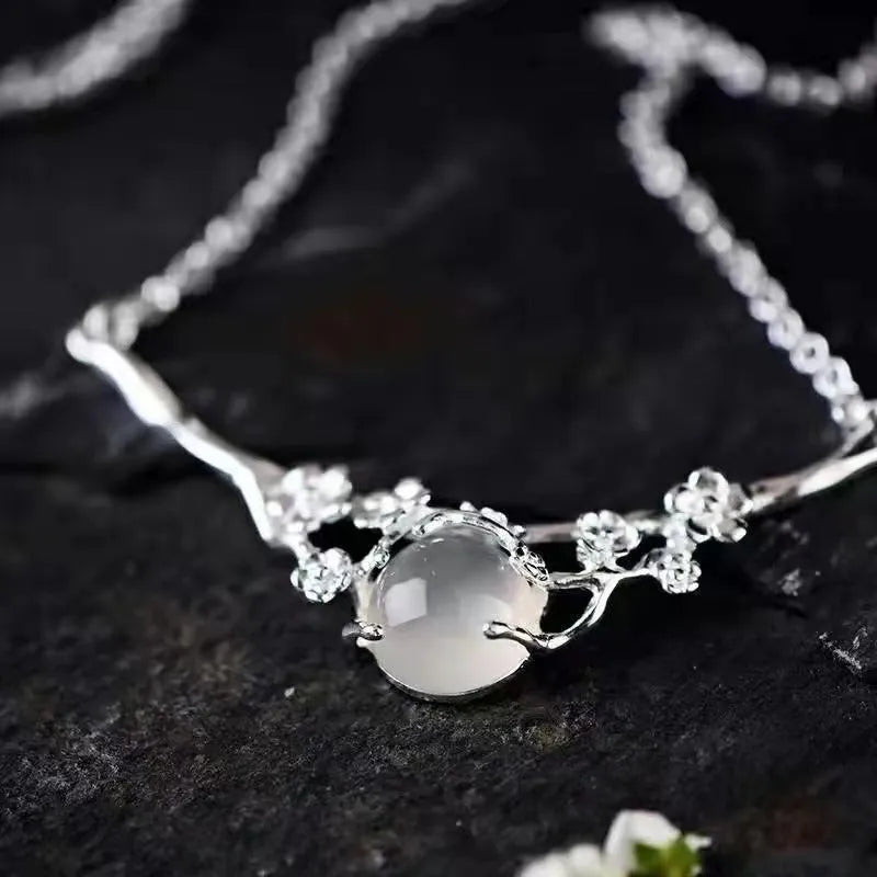 Plated 925 inlaid moonlight white chalcedony moon shadow cold plum necklace white gold copper pendant cross chain