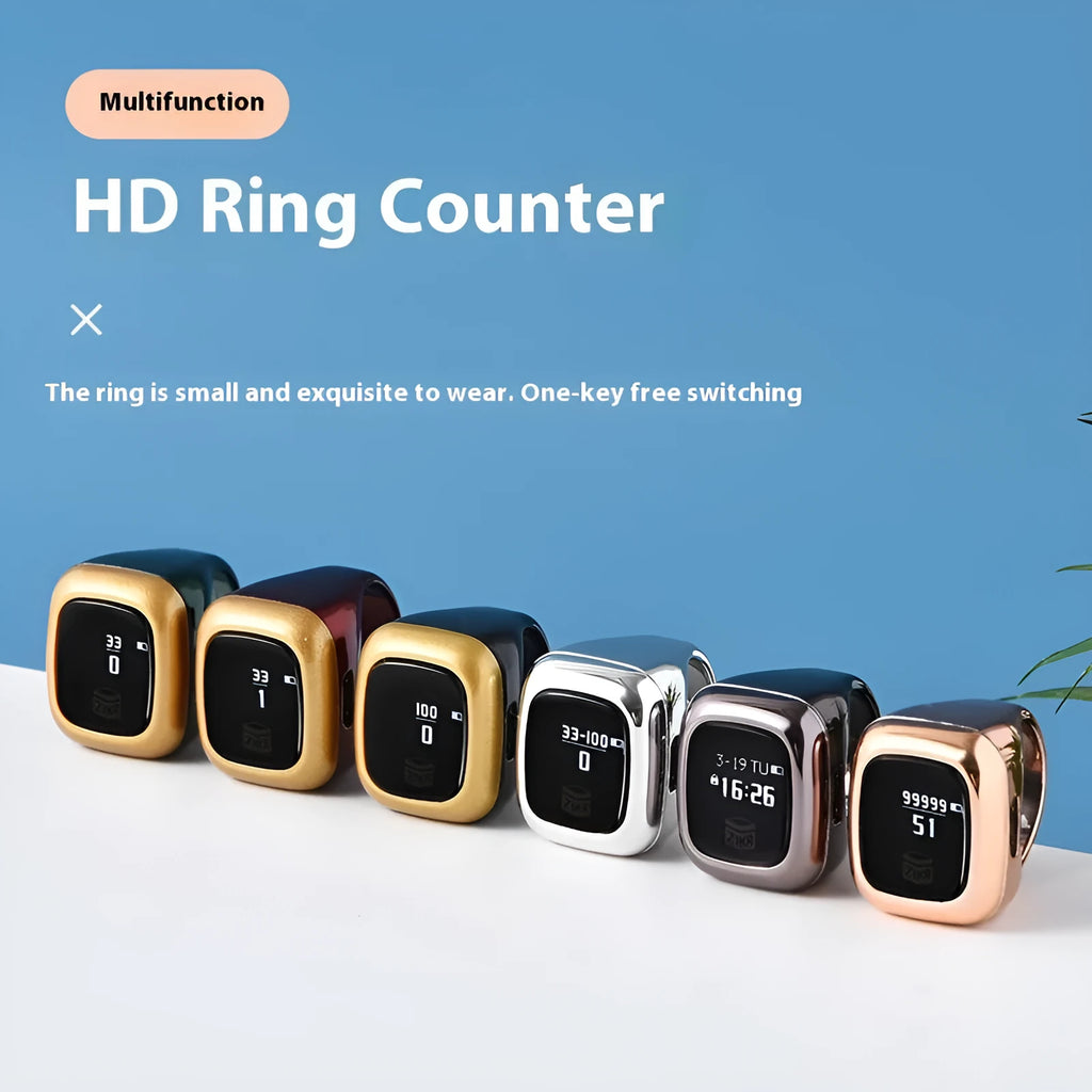 Al-Fatiha zikr counter electronic device with display screen on a black strap.