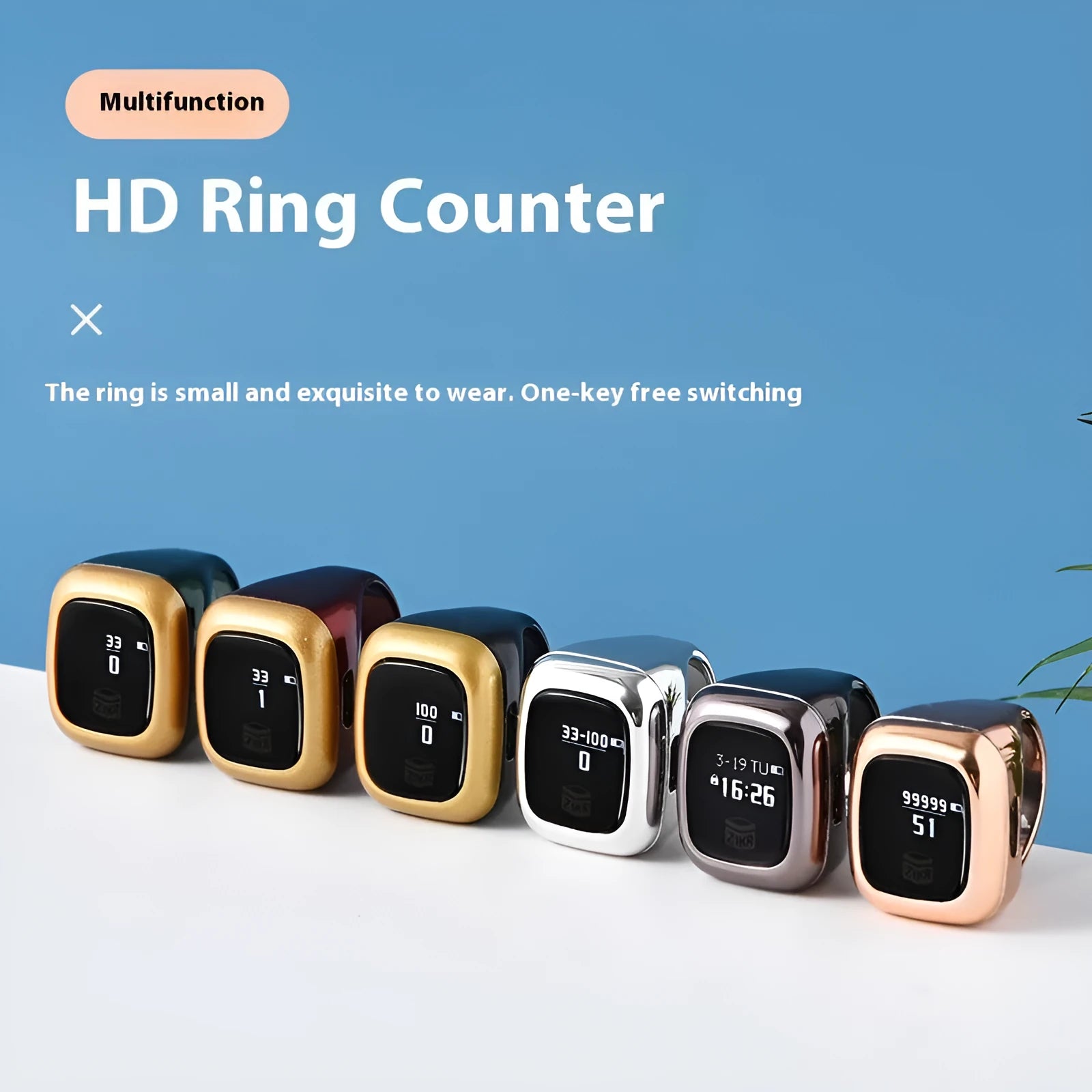 Al-Fatiha zikr counter electronic device with display screen on a black strap.