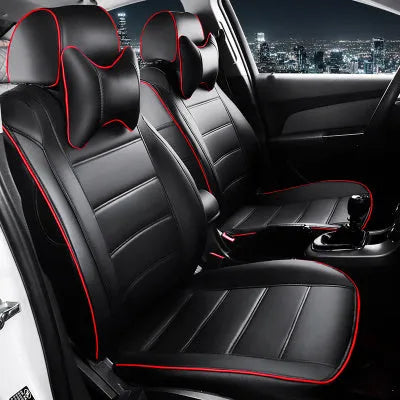 Cow leather car seat cover in beige and black colour options with red accent lines