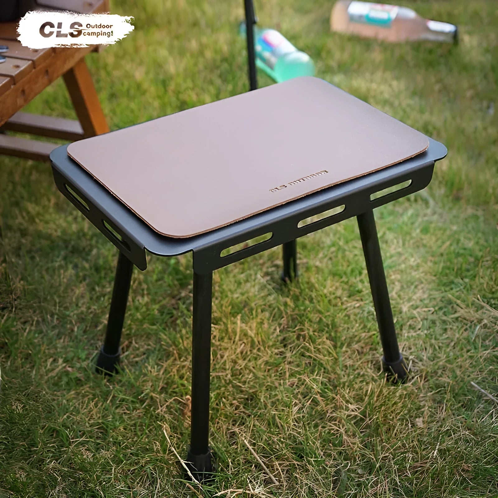 CLS aluminium folding camping stool and table with PU mat cushion inside its tactical storage bag.