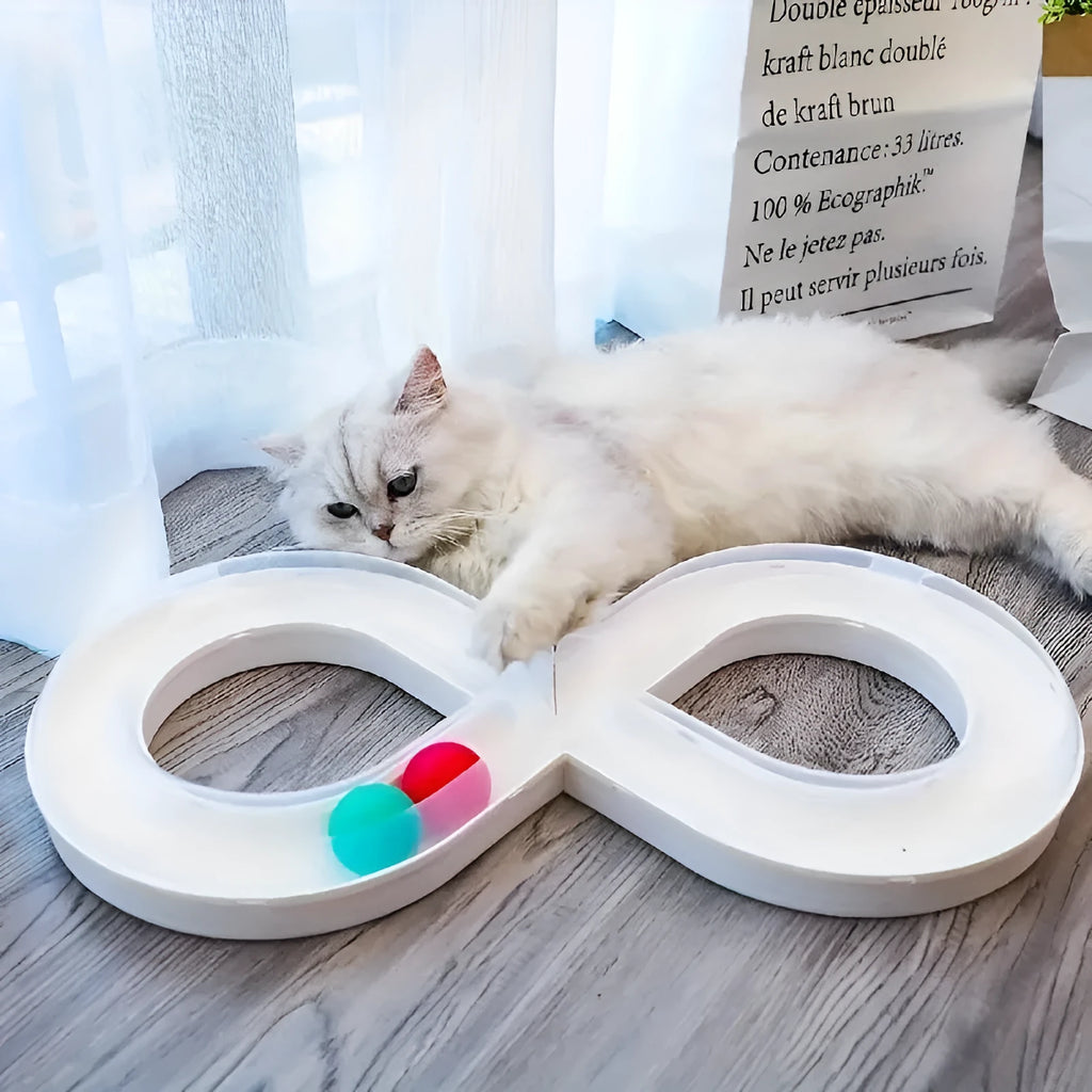 Blue and white cat turntable toy with track ball and teasing stick for indoor feline entertainment