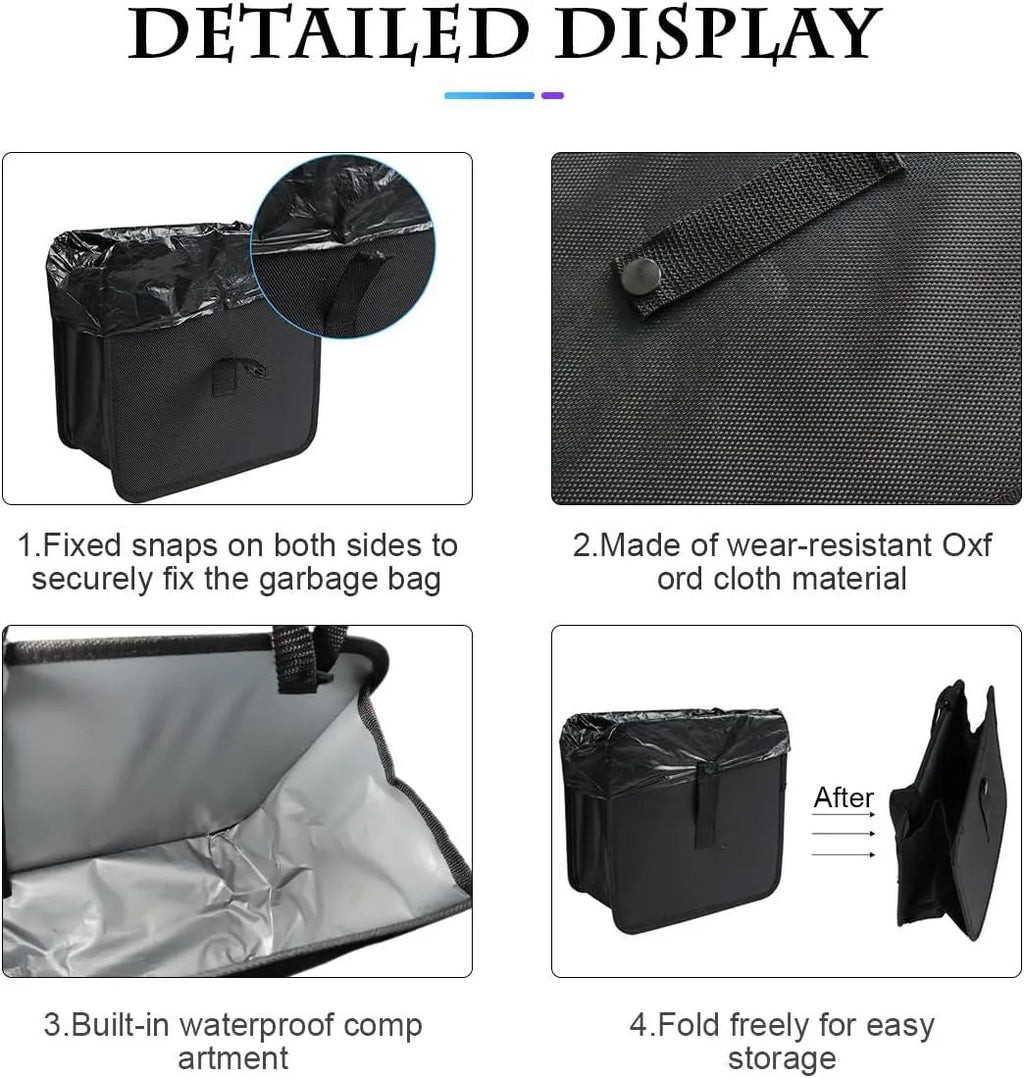Black Oxford cloth car folding trash can with hanging strap and 8.7 litre capacity