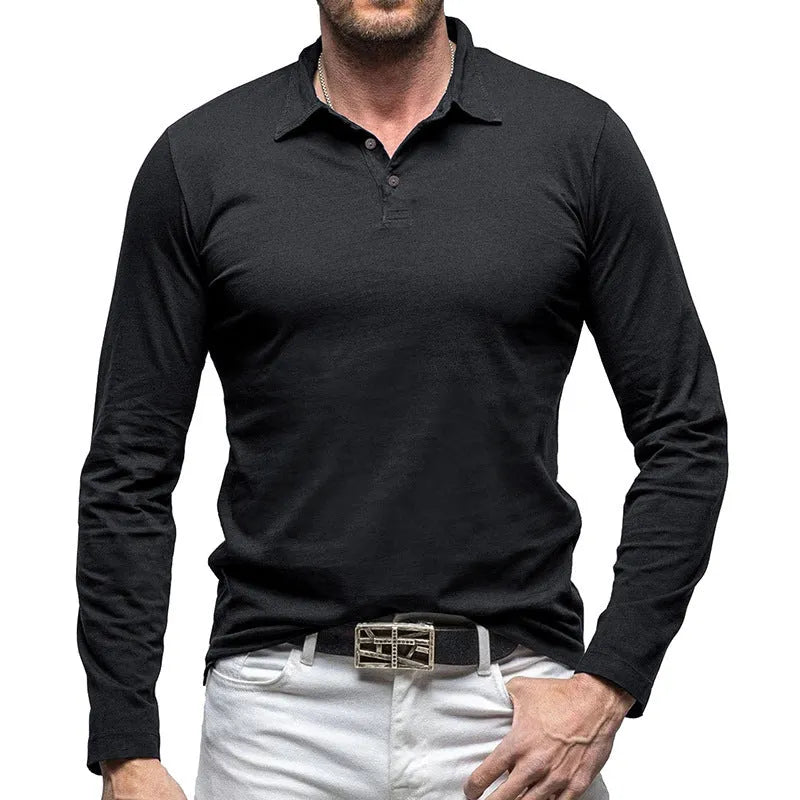 Men's dark grey cotton polo collar long sleeve t-shirt laid flat, showing American retro style.