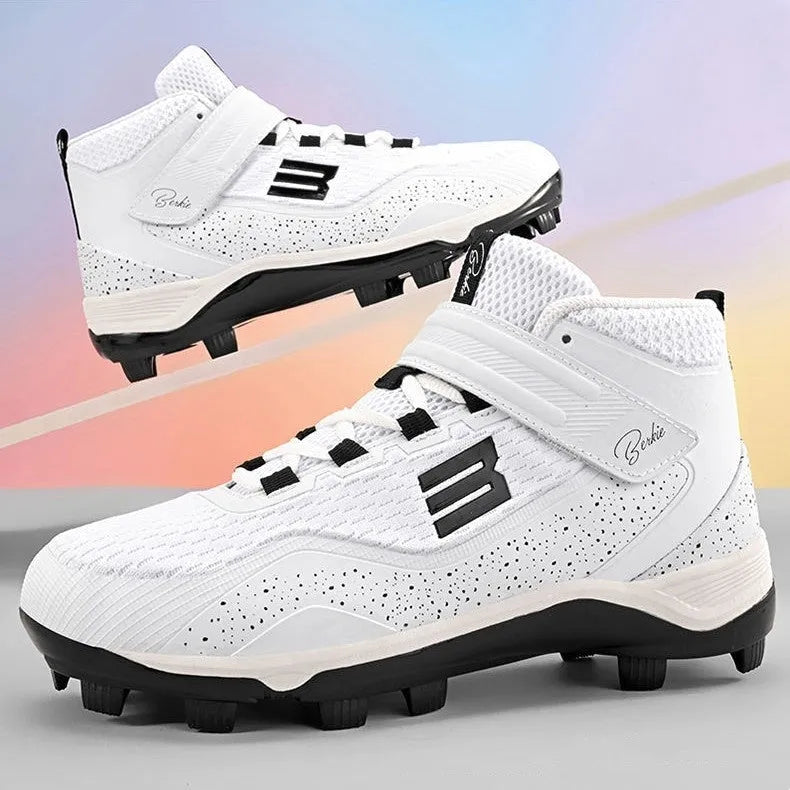Black and white training sneakers with Velcro straps and rubber sole for sports.