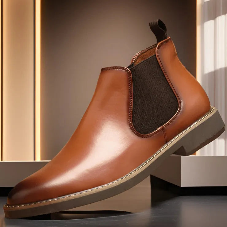 British style men's mid-calf boots in black with a flat square heel and leather toe holder.