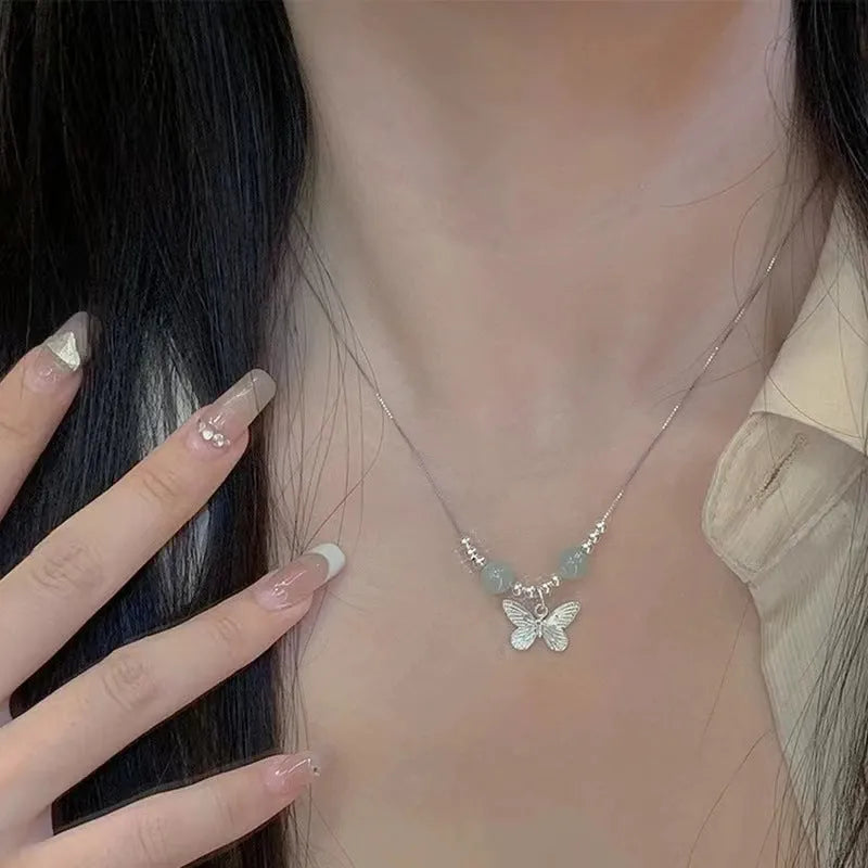 Hetian jade butterfly bracelet and necklace set for women with silver electroplated finish