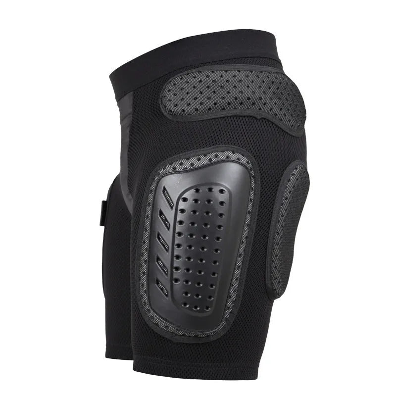 Black cycling hip protection pants with padding around the hip area, shown in sports context