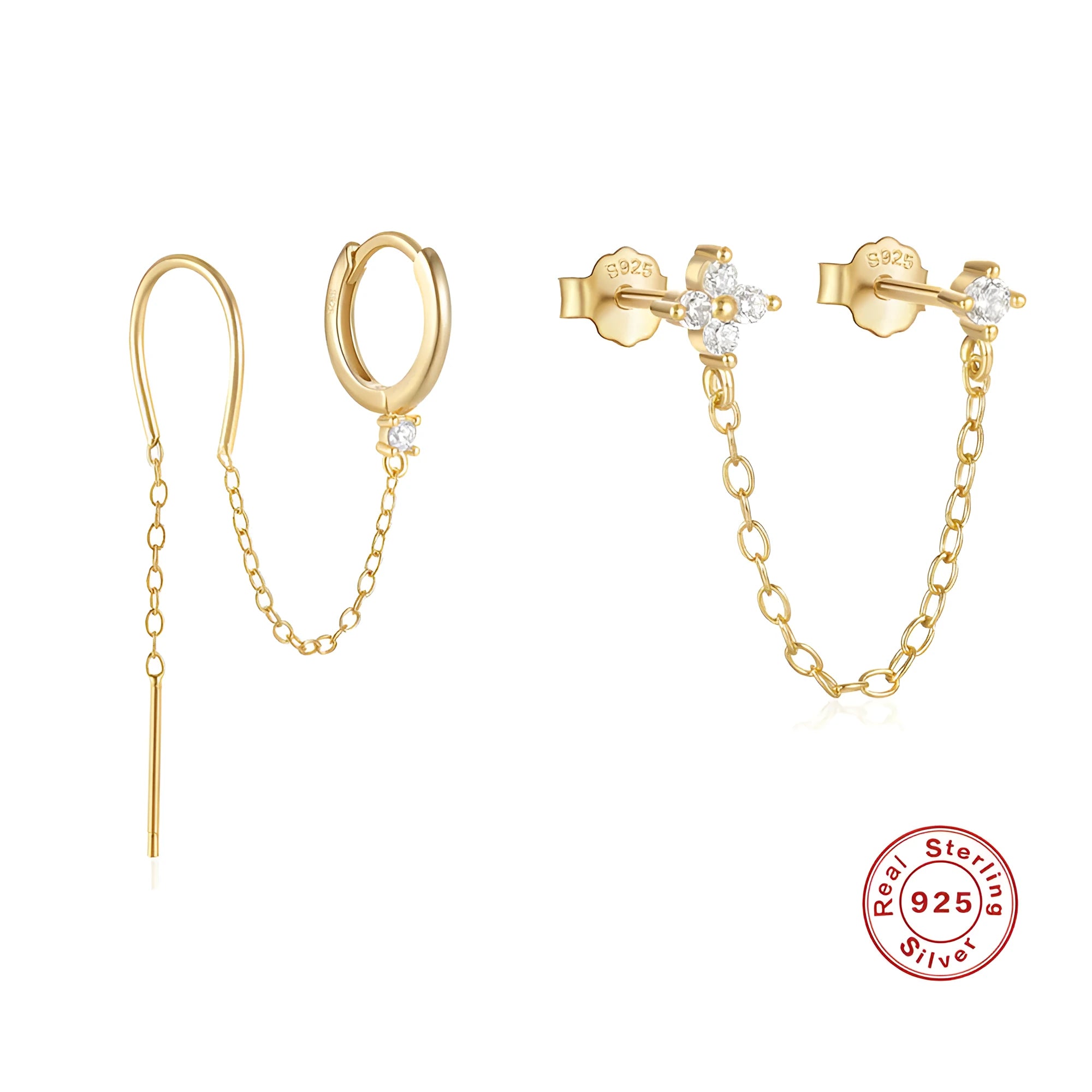 S925 sterling silver ear clip stud earrings with flower, tassel, and chain design in golden colour