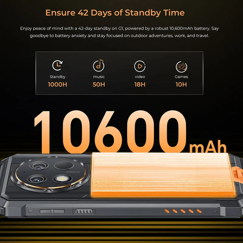 OUKITEL G1 mobile phone in green, grey, or orange colour with charger and manual