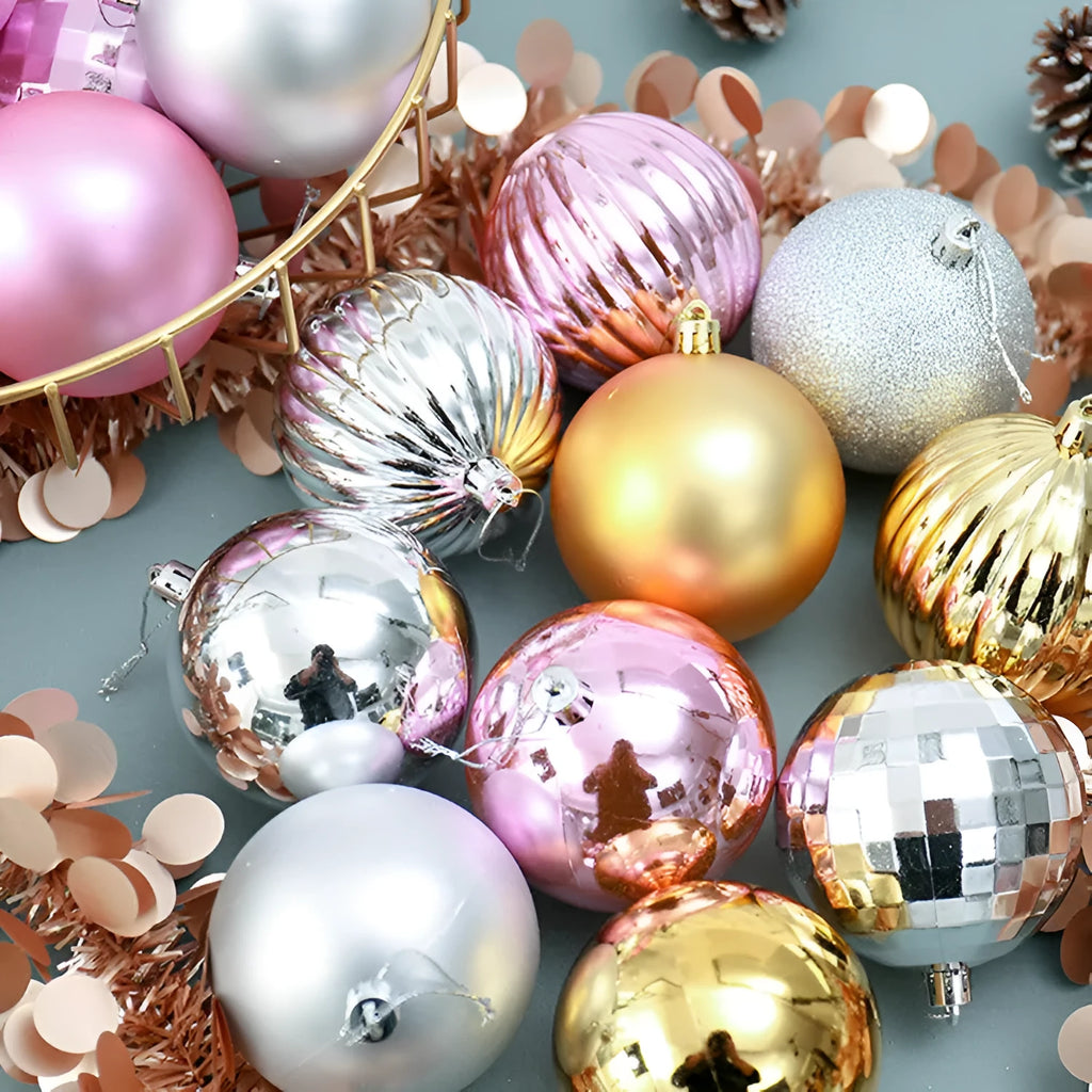 34-piece set of 4cm plastic Christmas balls in assorted colours with shiny finish for tree decoration