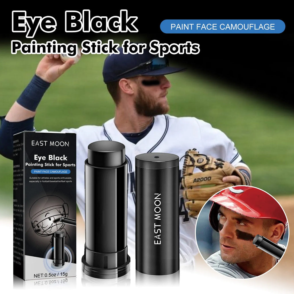 Sports eye black paint stick in compact 8.6cm case for sweat-proof glare reduction.