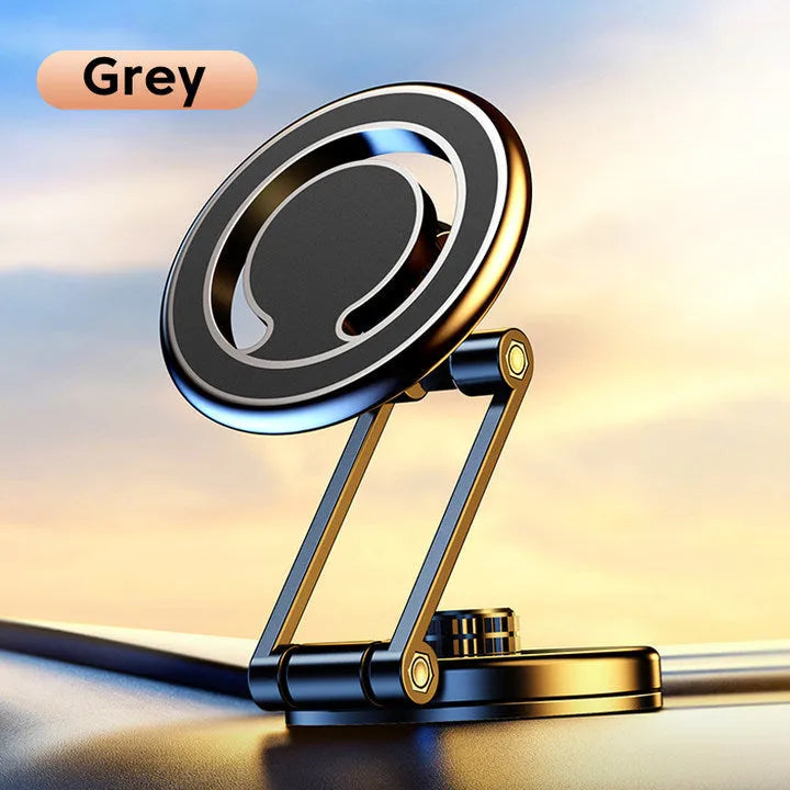 Telescopic folding magnetic car phone holder in black or silver mounted on a vehicle dashboard.