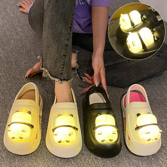 Adorable panda-themed slippers with LED lamp feature, offering cozy comfort and whimsical style for summer