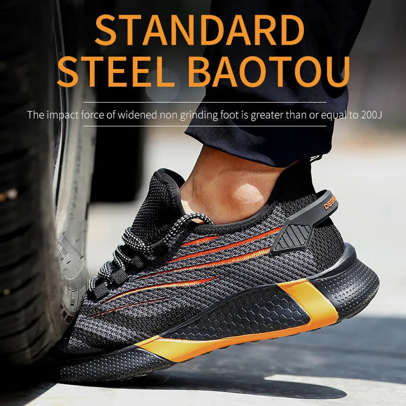 Lightweight non-slip protective work shoes for men blue flying woven upper low cut PU outsole industrial safety