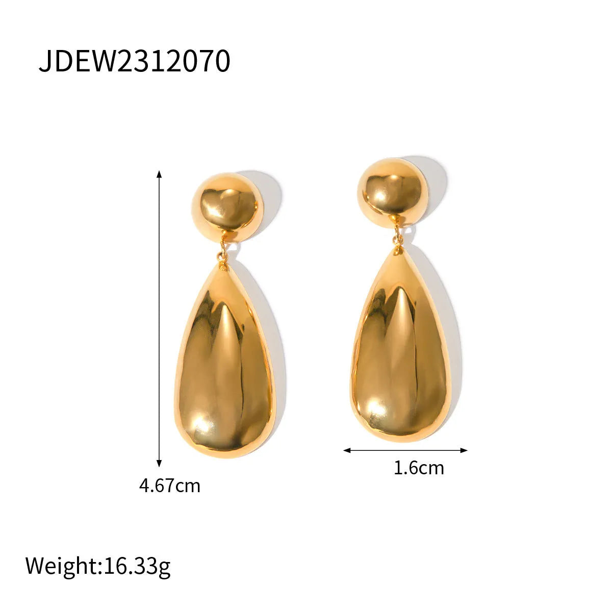 Gold electroplated stainless steel hemisphere earrings with water drop pendant design for women