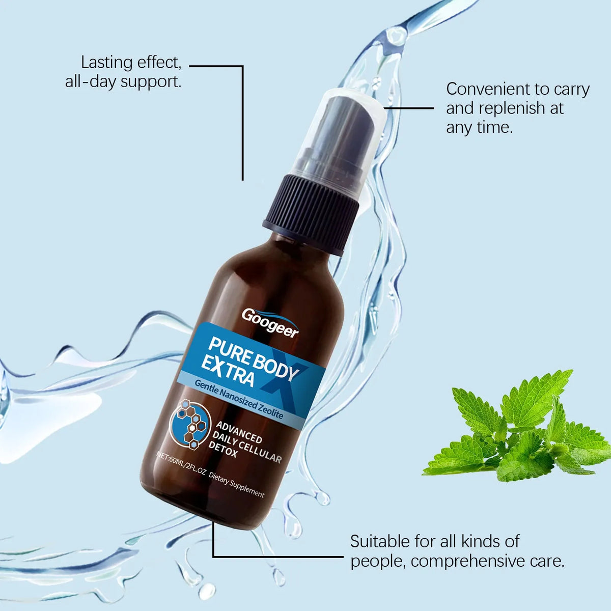 Googeer 60ml oral spray body treatment bottle with fine mist nozzle for skin hydration application