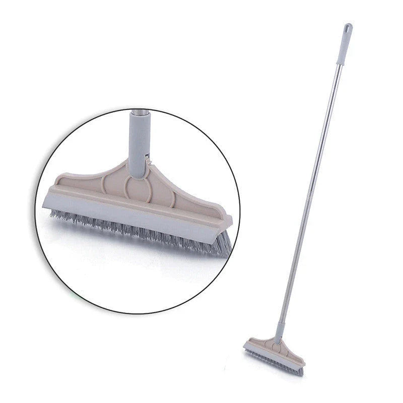 Versatile floor cleaning brush with triangular head, adjustable angles, and scraper function for efficient dirt, dust, and pet hair removal