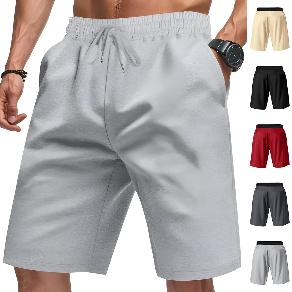 Men's polyester drawstring loose jogging shorts in bright red, black, light grey, dark grey or apricot