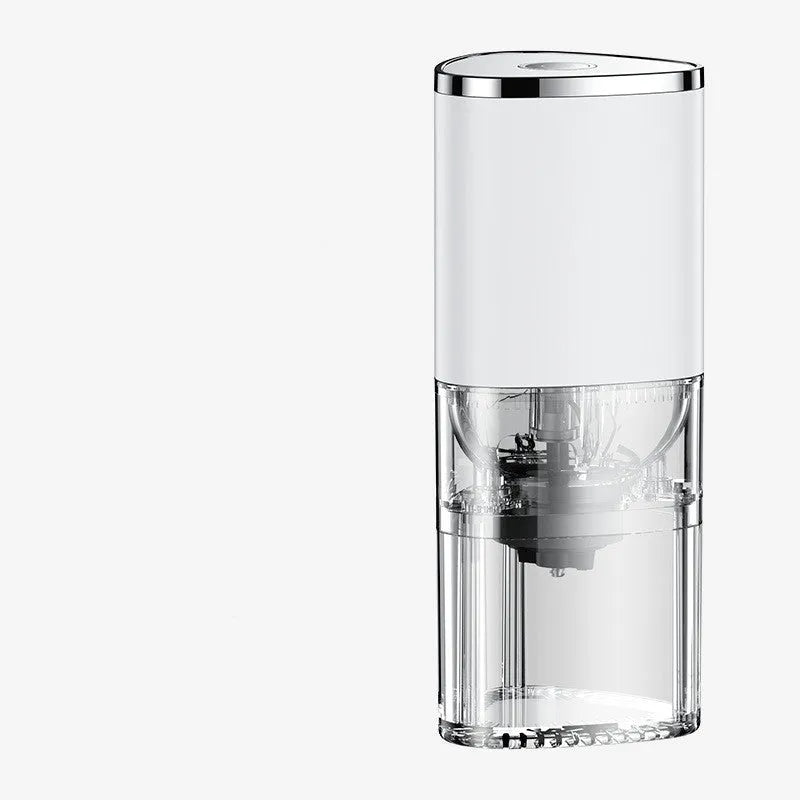 Frosted white portable electric coffee grinder with ceramic burr and USB-C charging port.