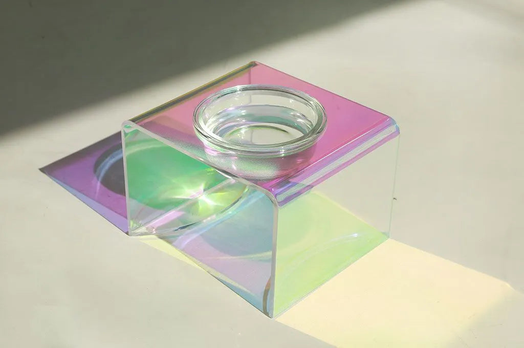 Pet Rainbow Bowl acrylic pet feeder with holographic finish and glass bowl for cats and small dogs