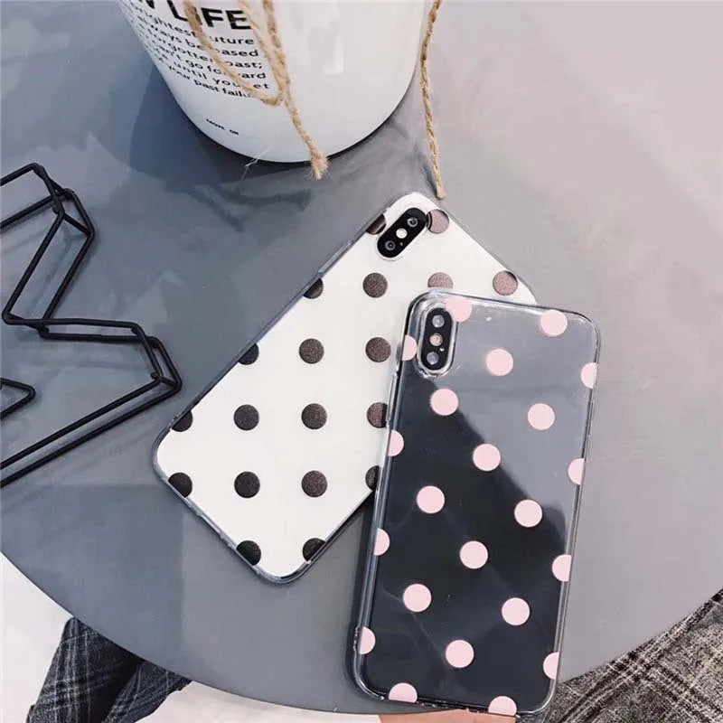 Dot mobile phone case in black or pink with wave point pattern, TPU back cover for iPhone models.