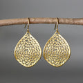 Gold retro leaf hollow drop pendant earrings showing detailed pattern and drop shape