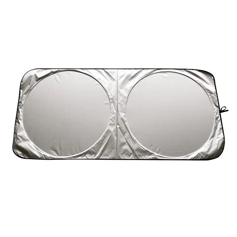 Silver reflective car sunshade unrolled showing 190cm by 90cm size next to its cloth storage bag.