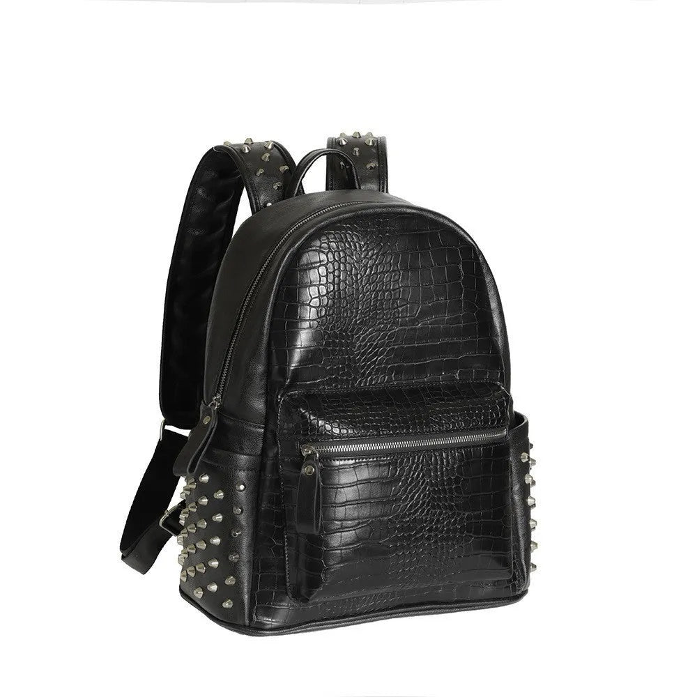 Black PU leather computer schoolbag with rivets showing 55 litre capacity