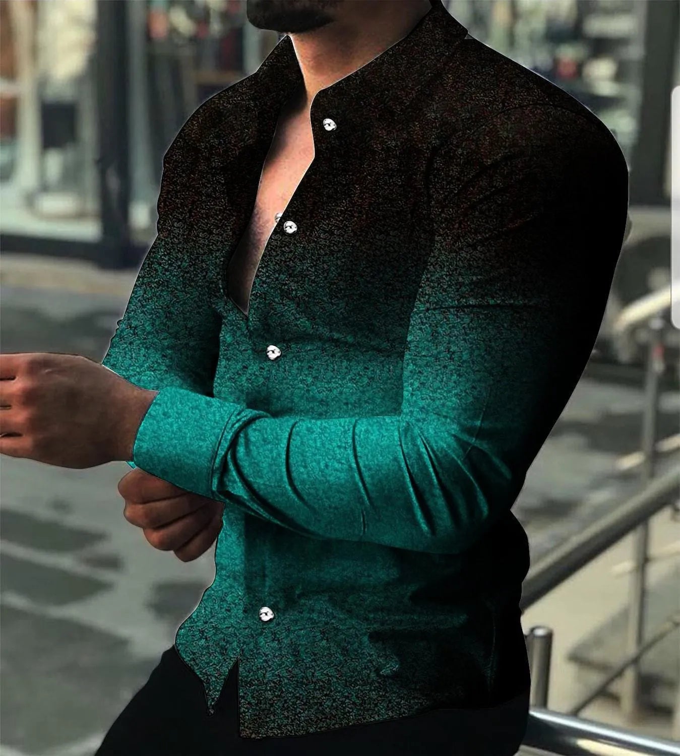 Men's slim fit gradient cardigan in blue with long sleeves and button front, shown on model