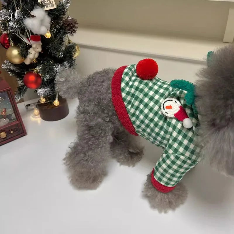 Plaid dog hoodie and Christmas pet princess dress in milk silk fabric, snowman pattern, sizes XS-XXL for small dogs and cats
