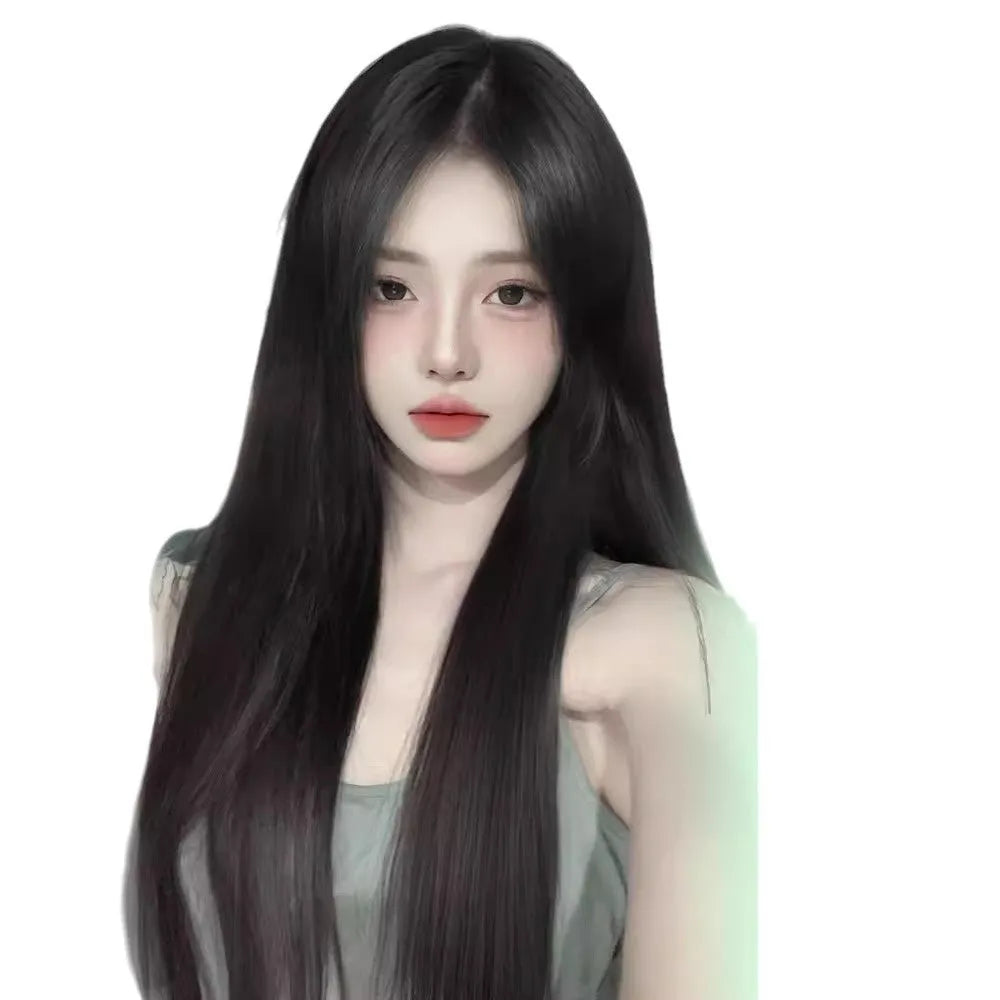 Women's fluffy full-head wig with forehead lace construction in brown black colour with natural hairline appearance