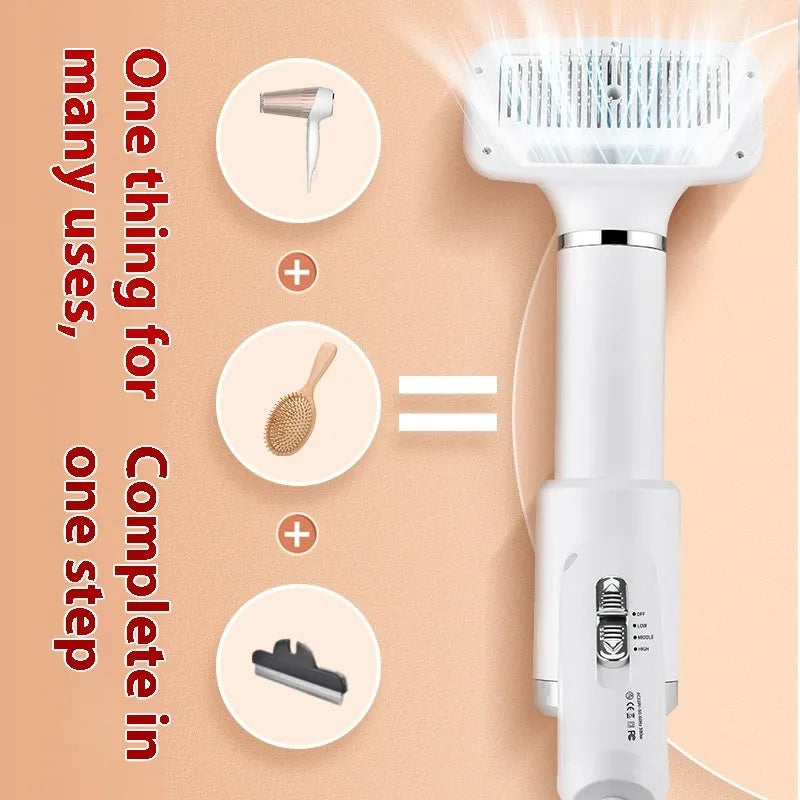 A beige pet hair dryer and a blue whirlpool comb for dog grooming and deshedding.
