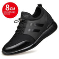 Men's black casual shoes with a hidden heel lift, shown in leather, mesh, and Lycra upper options.