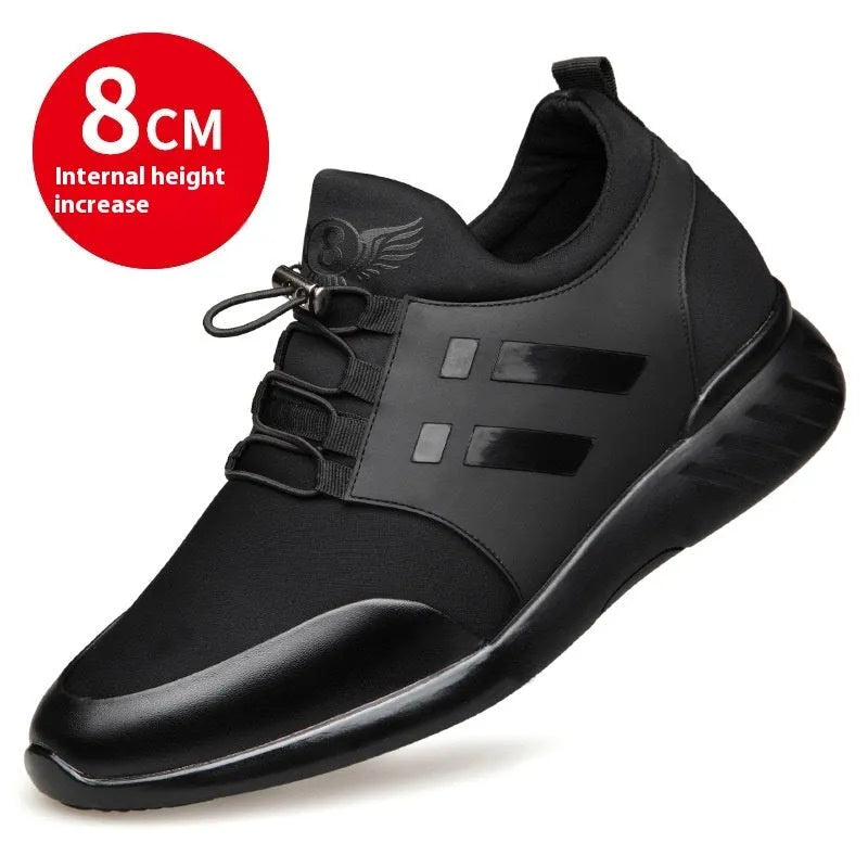 Men's black casual shoes with a hidden heel lift, shown in leather, mesh, and Lycra upper options.