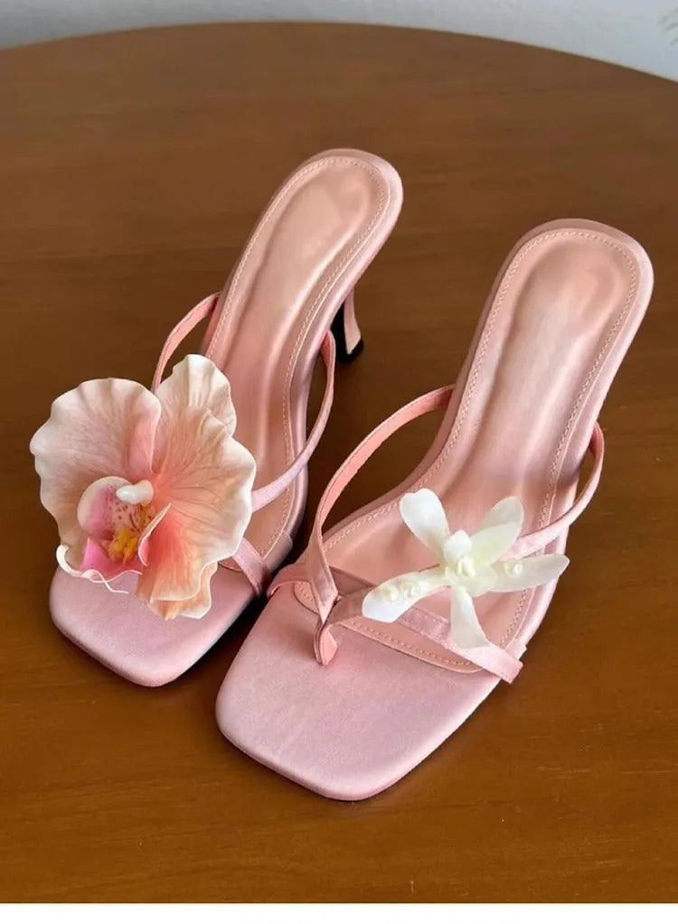 Women's handmade calf leather high heel sandals with asymmetric flower design and square toe in black