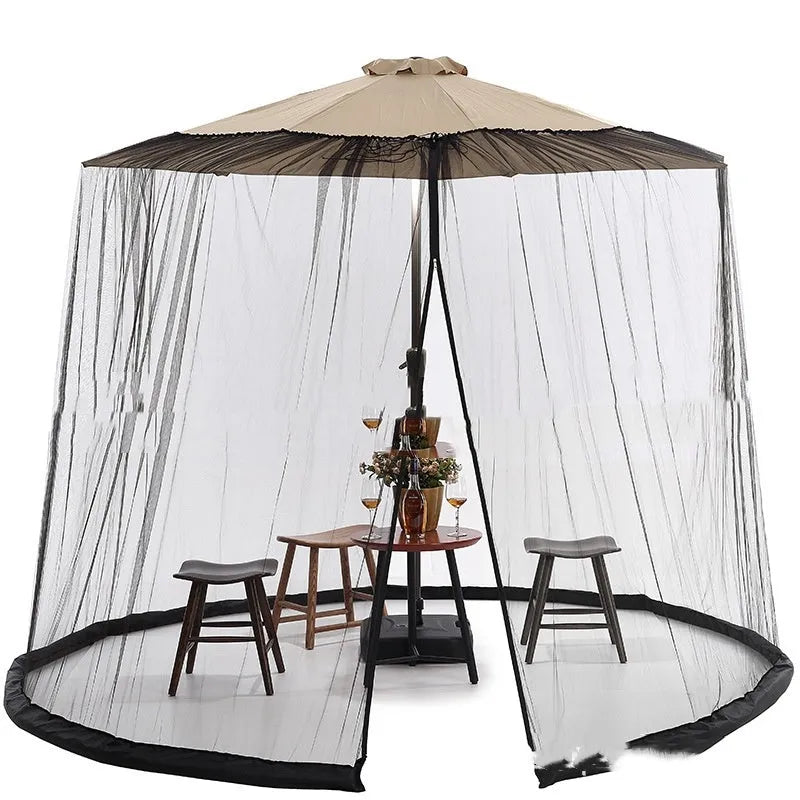 Large outdoor mosquito umbrella tent providing sunshade and insect net protection in a garden setting.