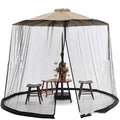 Large outdoor mosquito umbrella tent providing sunshade and insect net protection in a garden setting.