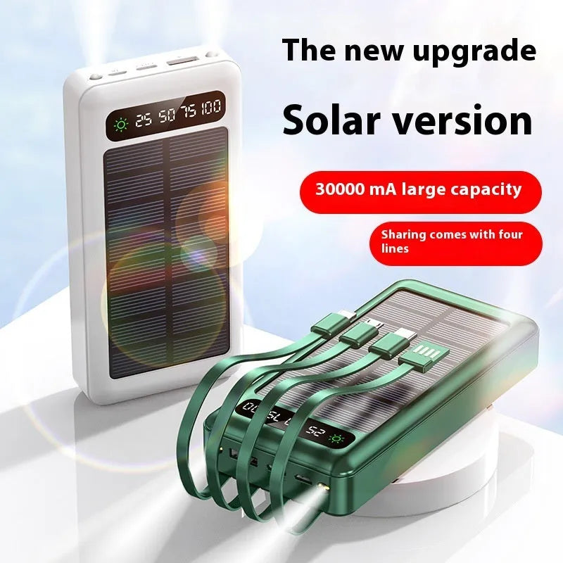 Solar power bank with cable showing industrial design in black, white, and green colours