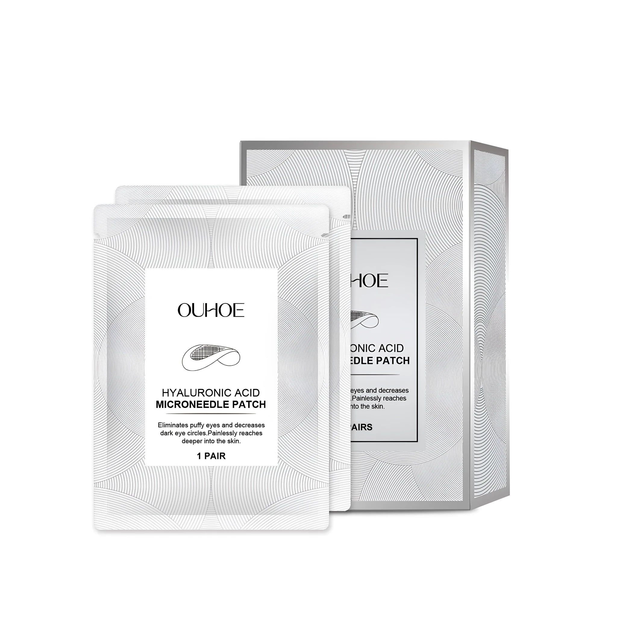 Two pairs of hyaluronic acid microneedle patches for facial skincare treatment.