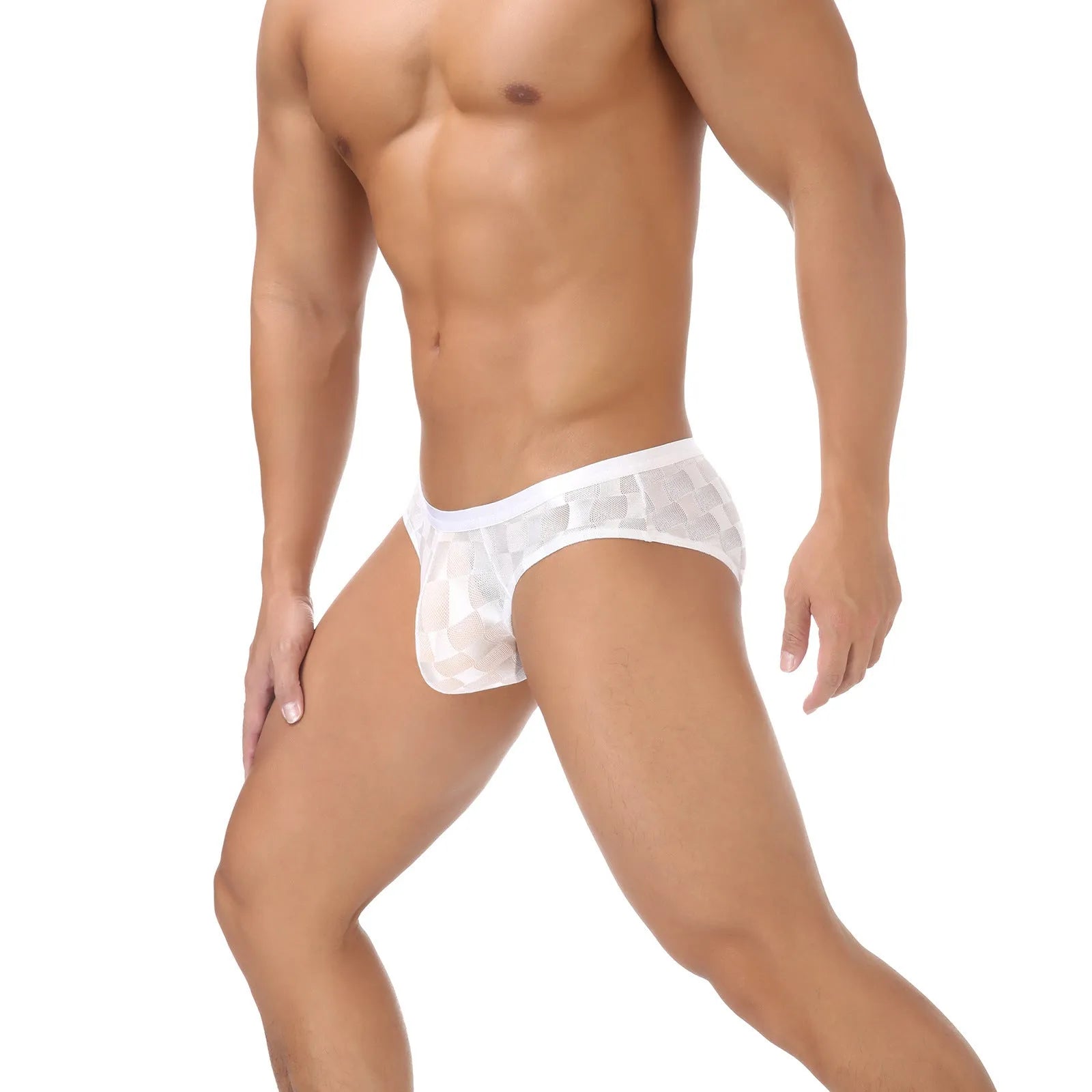 Men's black and white plaid mesh briefs with a U-convex design on a size chart.