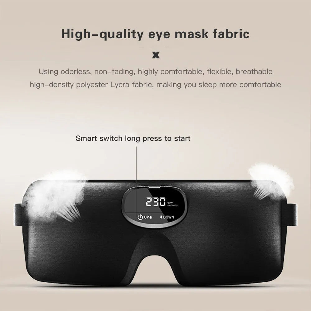 Black sleep aid smart eye mask with EMS massage, polyester and silicone build, rechargeable via USB