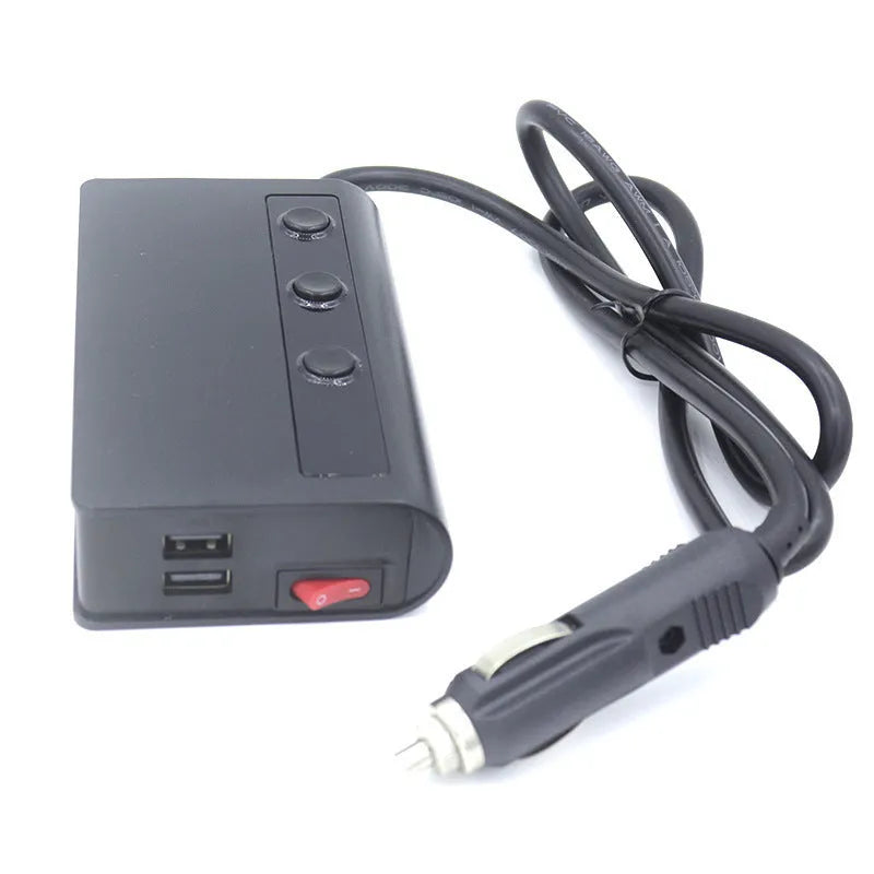Black and red 3-port QC3.0 car charger with 70cm cable, ABS body 13x7.4x3cm.