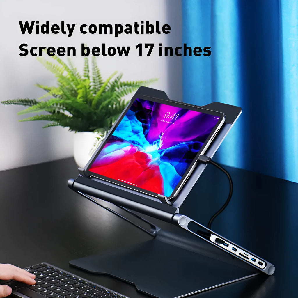 Aluminium alloy laptop stand in deep space grey with cave-type design and optional 8-in-1 docking station