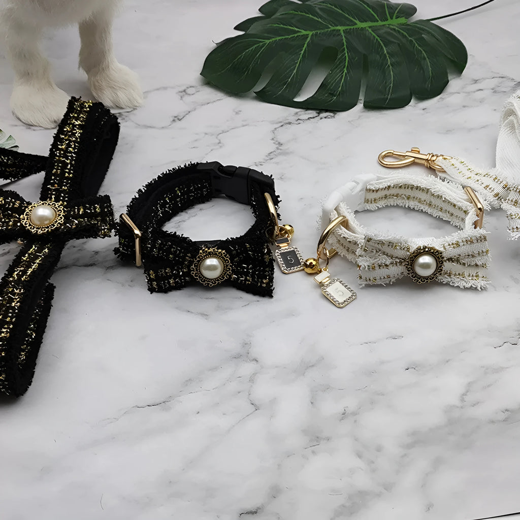 Nylon dog collar and lead set with striped pattern, black or white, S M L sizes, 130cm rope