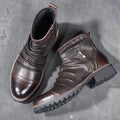 Retro round toe PU leather Martin chunky heel ankle boots in black with side zipper and rubber sole